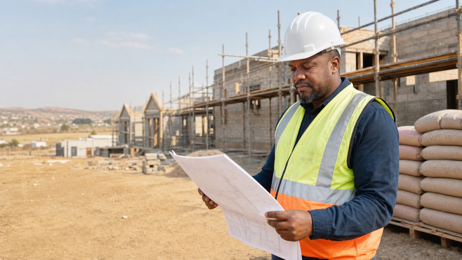 Black South African contractor in safety vest and hard hat standing on a municipal construction site with building materials and scaffolding behind him.