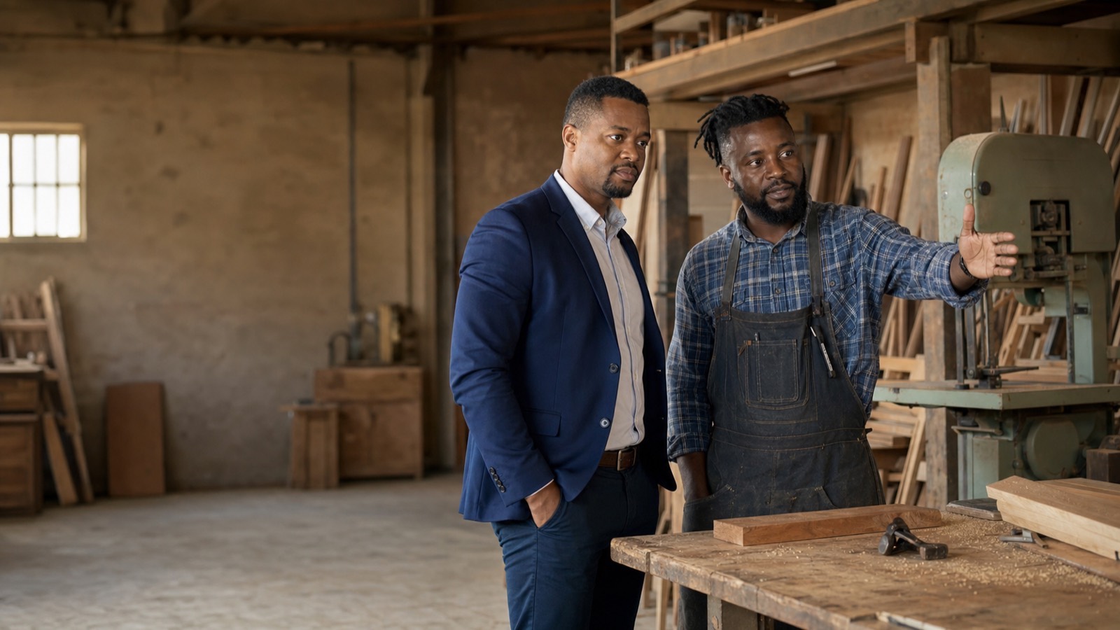 Black South African business consultant in a blazer assessing a furniture workshop's production area with the workshop owner beside him.