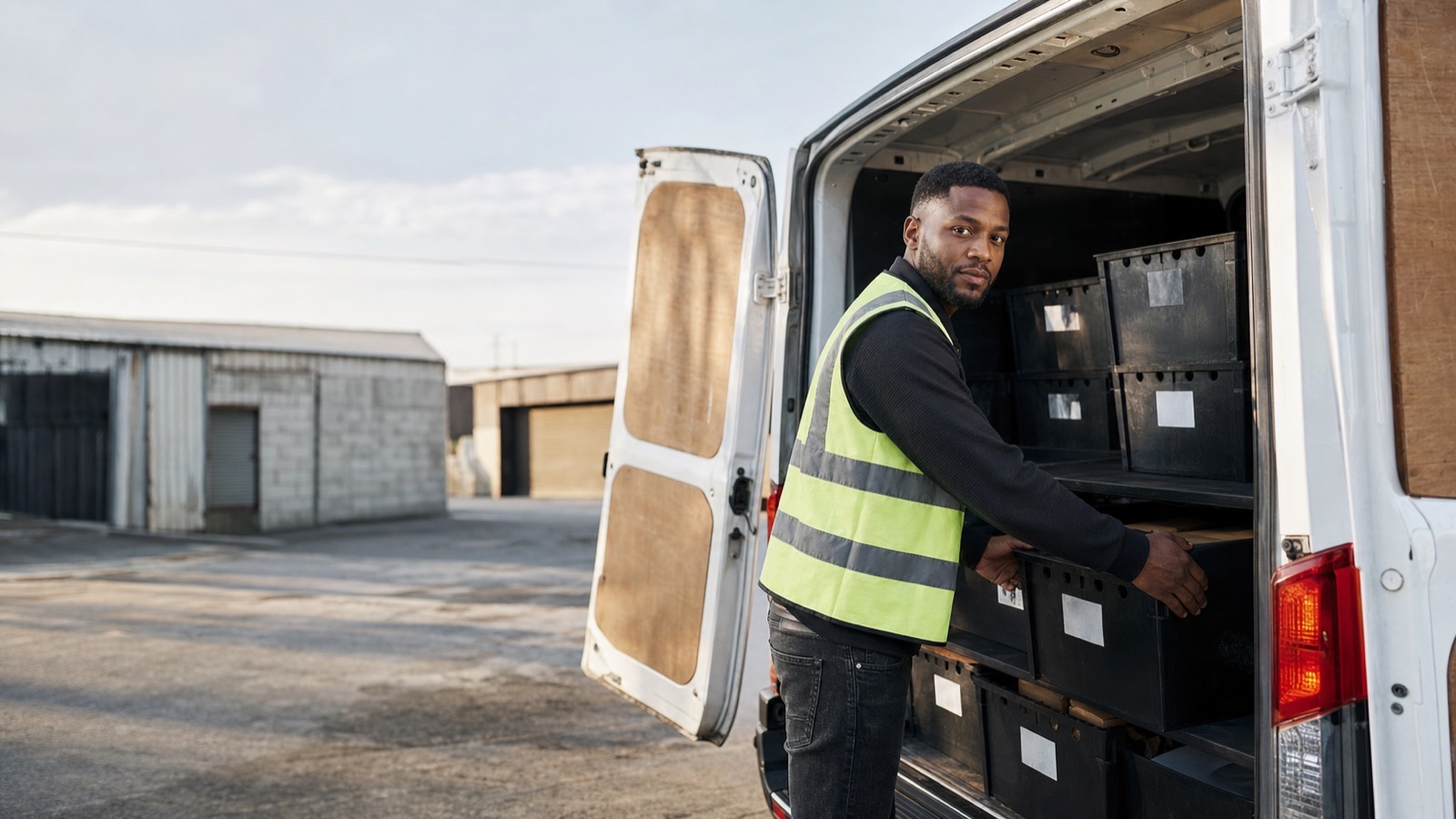 Black South African man in high-vis vest loading crates into the back of a delivery van parked at a township depot.
