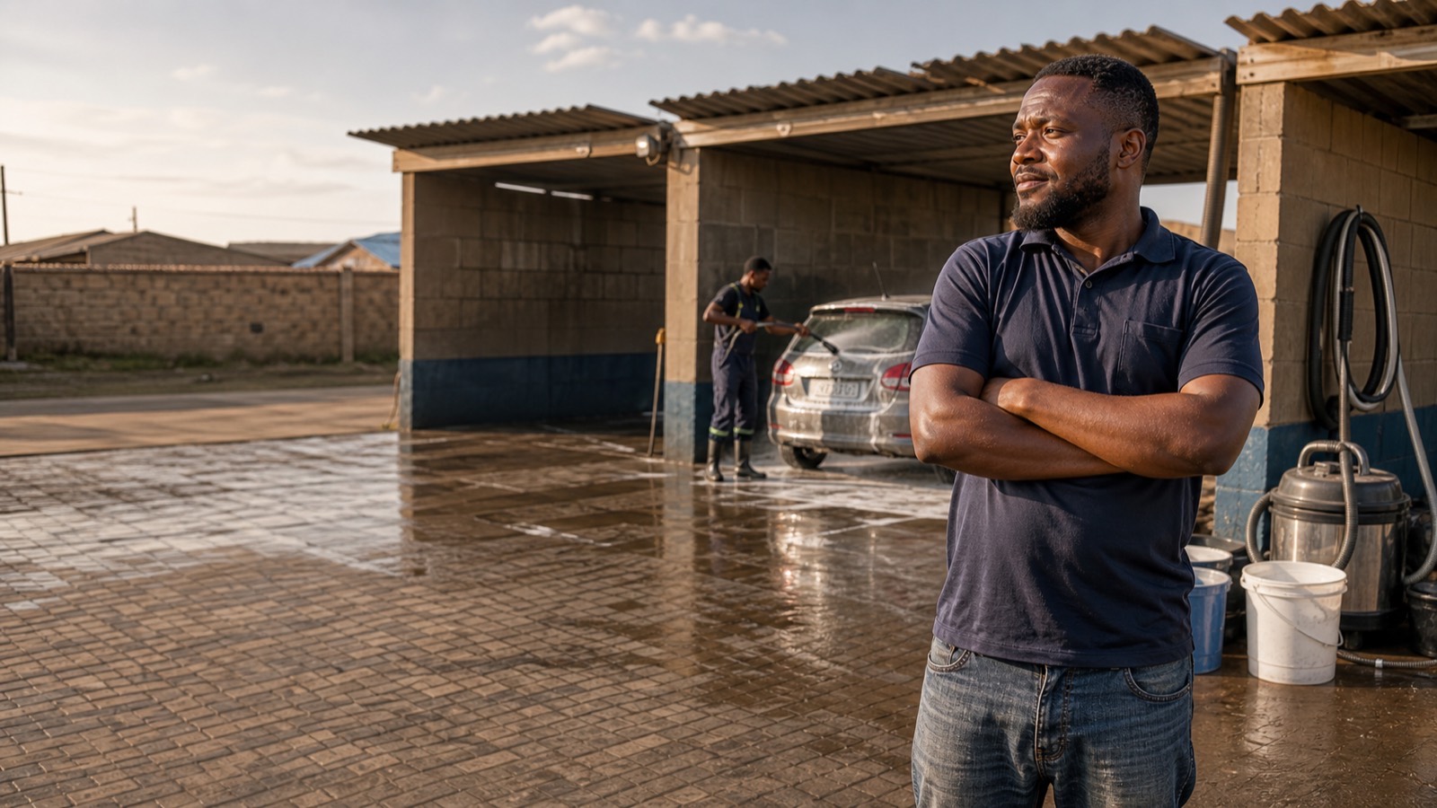 A young Black South African man stands at his township car wash watching a worker clean a car with a pressure washer.
