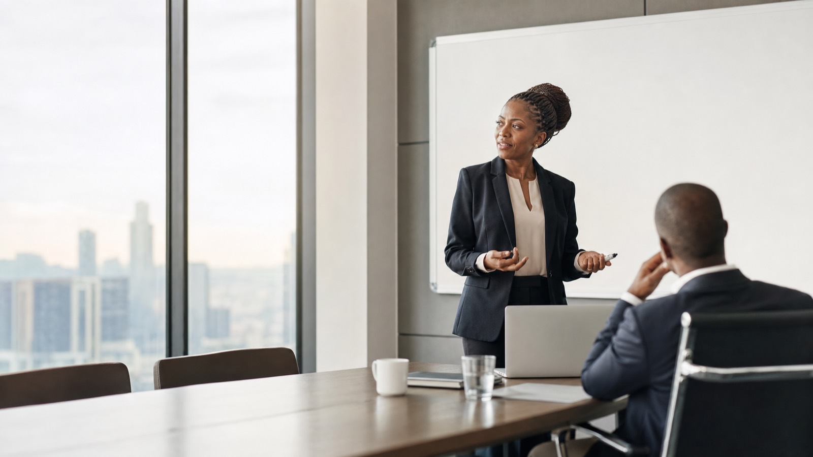 A Black South African woman in a blazer presenting to a seated client across a boardroom table with a blank whiteboard behind her.