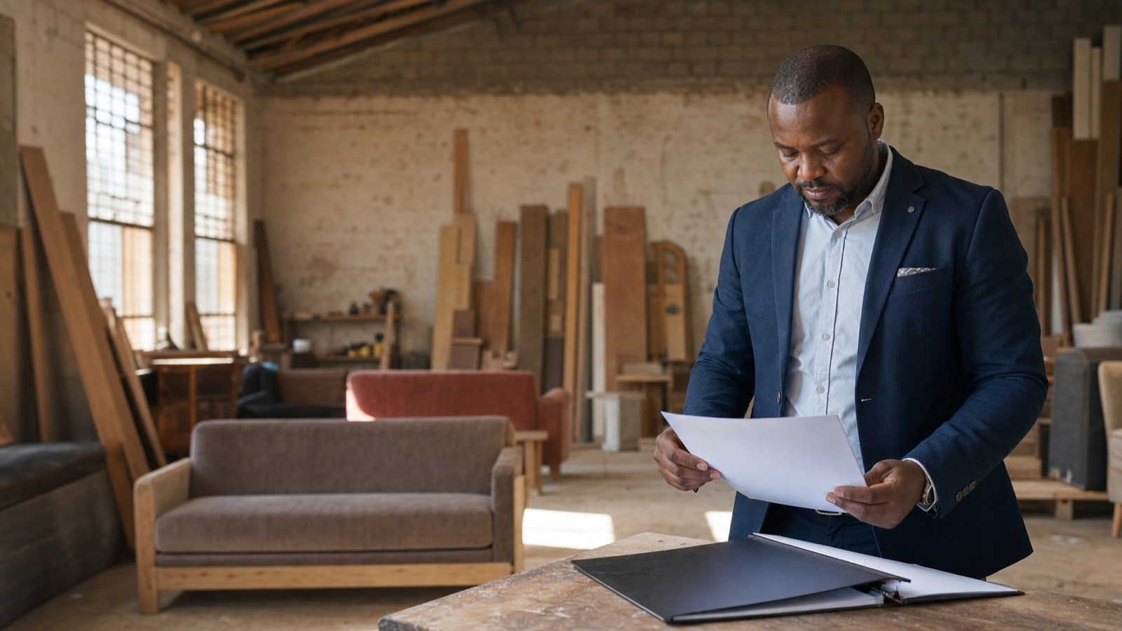 Black South African man standing in a furniture workshop among couches and timber, an open folder on a workbench.