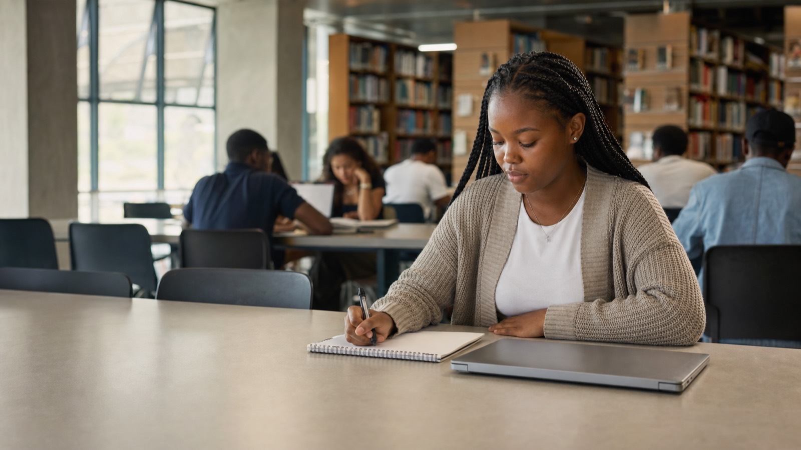 Young Black student writing in a notepad at a campus library table with textbooks and a closed laptop nearby.
