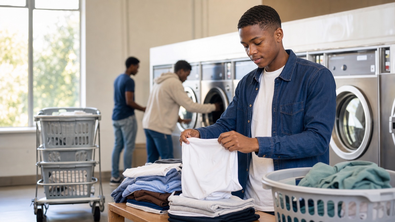 Young man folding laundry next to washing machines in a campus laundry room with other students nearby.