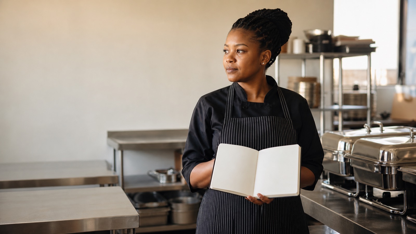 A Black South African woman in a catering kitchen holding an open notebook among prep tables and chafing dishes.