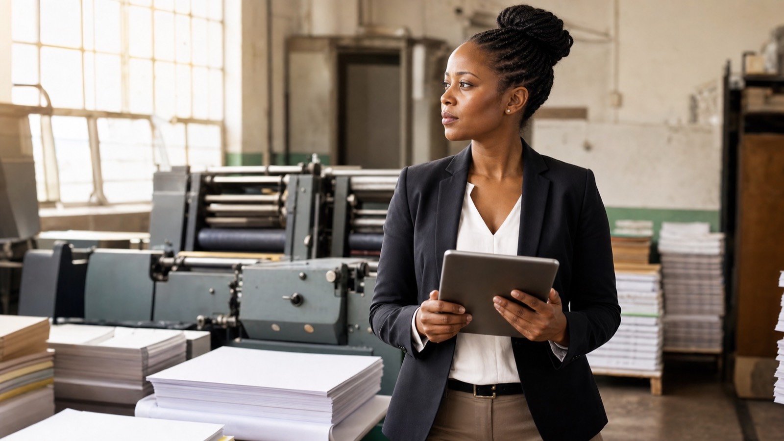 A business consultant in a blazer stands among printing presses at a client's print shop, observing the production line during an assessment.