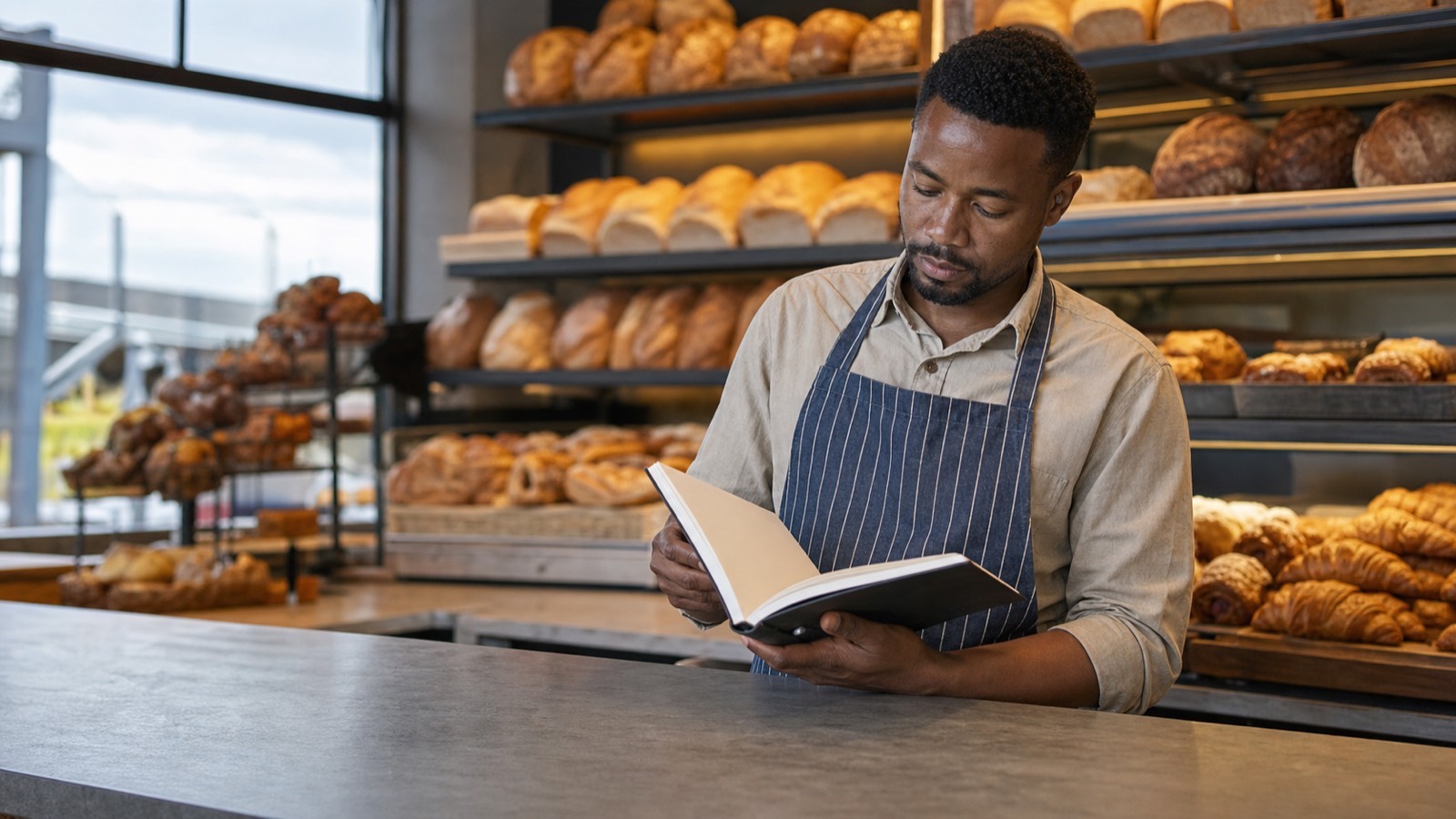 A man in a bakery holding an open notebook at the counter, with bread on shelves behind him.