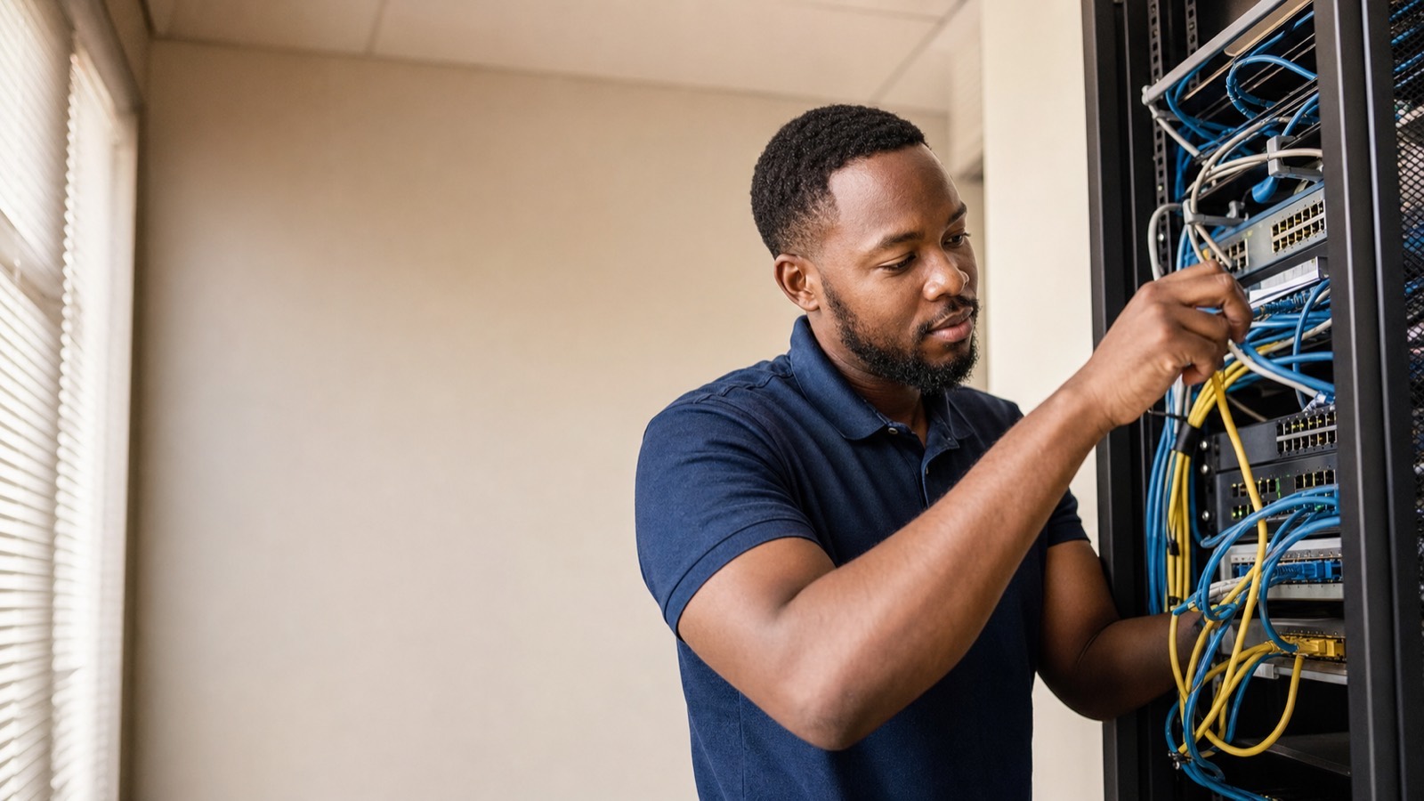 Black South African IT consultant configuring rack-mounted network equipment in a server room with ethernet cables.