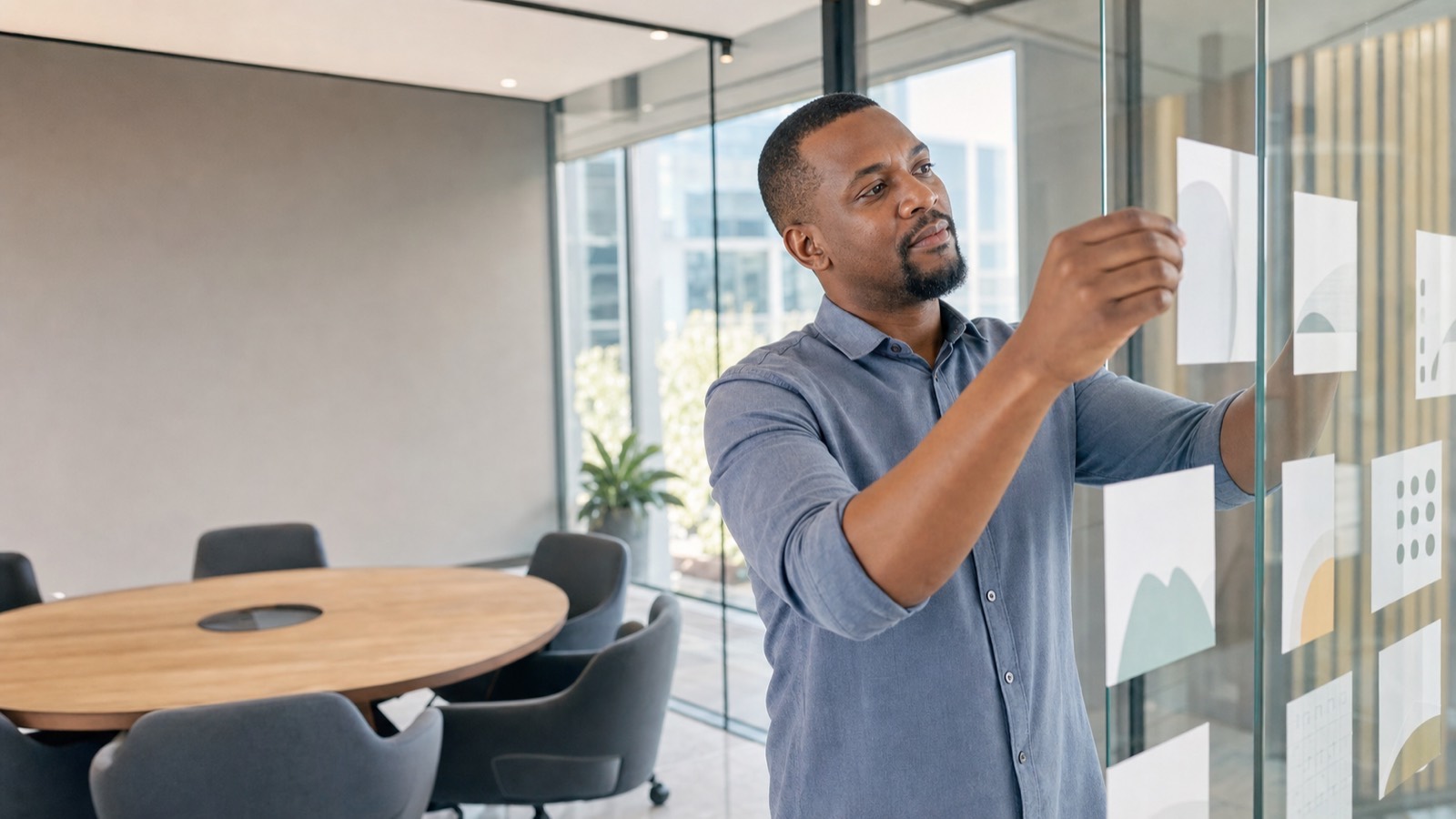 Black South African man in smart-casual wear standing at a glass wall arranging cards in a modern consulting office with meeting furniture.