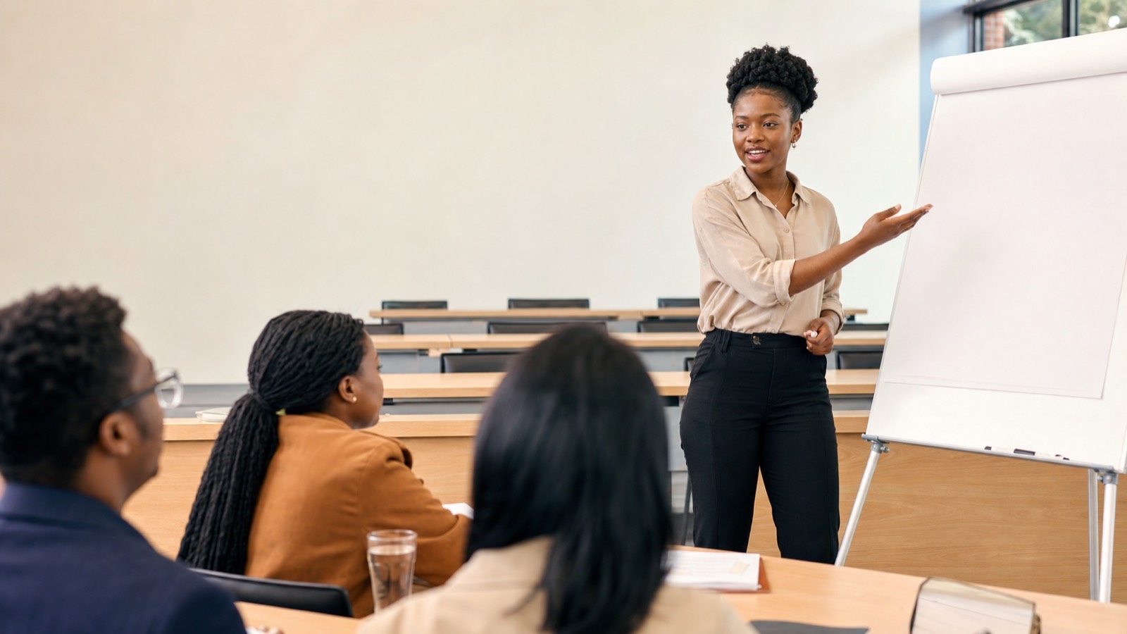 Young Black South African woman presenting to a panel in a campus seminar room with a blank flip chart.