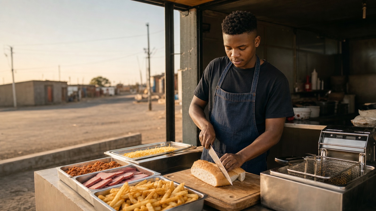 Young man preparing a kota at a township street food stand stocked with bread, chips and fillings.