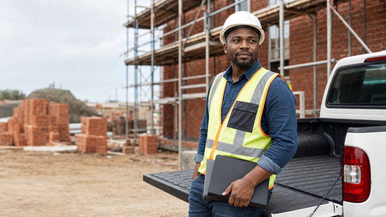 Black South African construction contractor in safety gear holds a document folder at his bakkie on site.