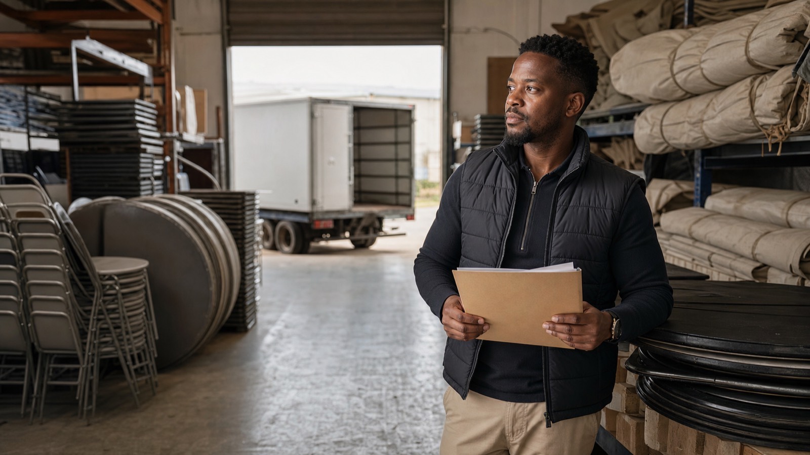 Black South African man in event hire warehouse among stacked chairs and tents holding a document folder