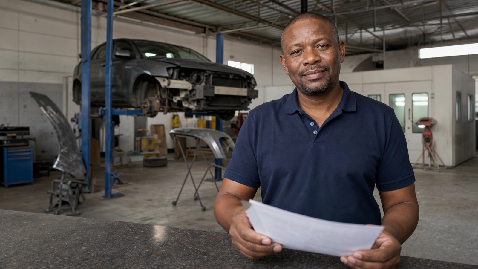 Black South African man in navy polo standing at panel beating shop counter holding blurred documents, car on hoist and spray equipment behind him.