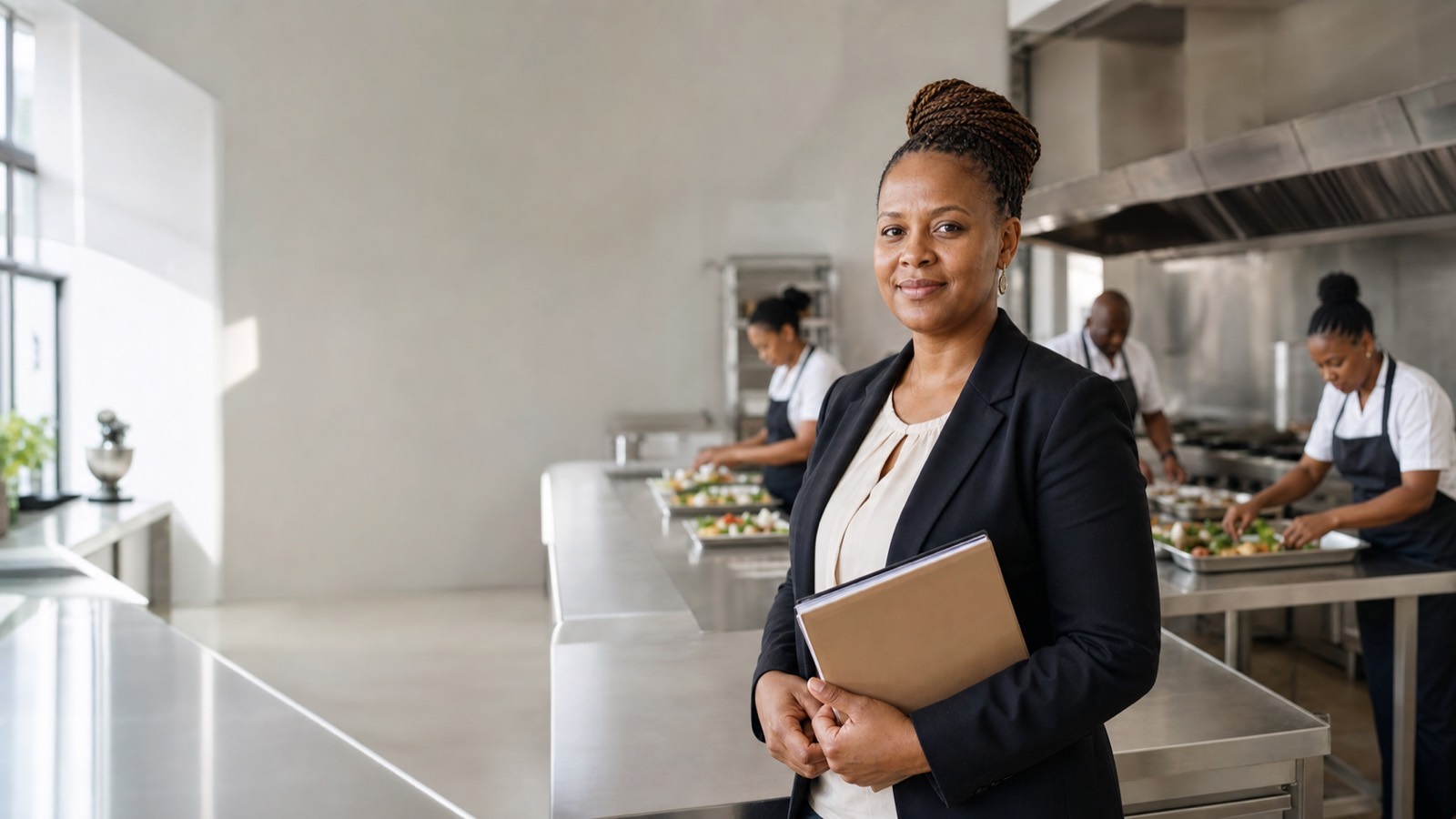 Black South African woman in a modern commercial kitchen holding a closed folder beside stainless steel prep tables.