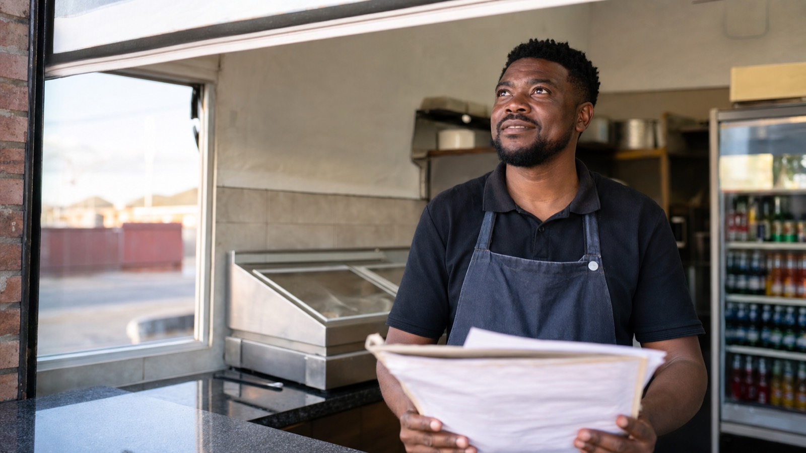 A man behind a takeaway shop counter holds a folder, with a food warmer and drink cooler behind him.