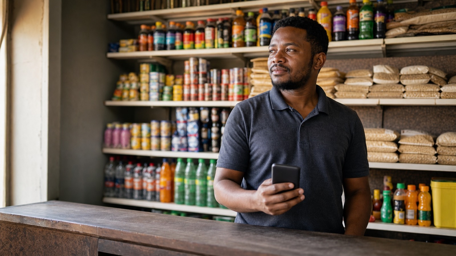 A man standing behind a spaza shop counter holding a phone, grocery shelves behind him.