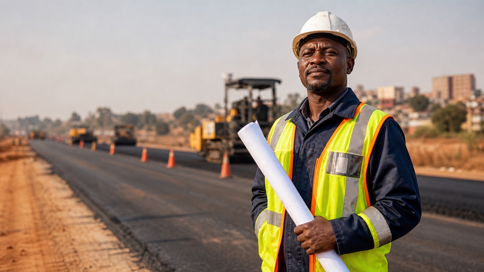 Black South African contractor in safety vest and hard hat standing on a municipal road works site in Johannesburg, holding a site plan.