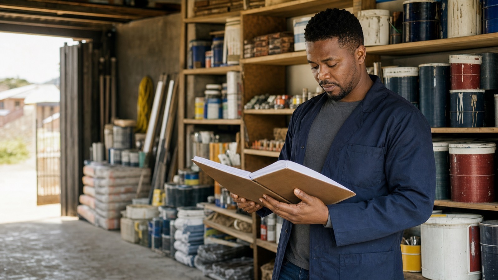 A man in a hardware store holding a folder of documents among shelves stocked with paint and building supplies.