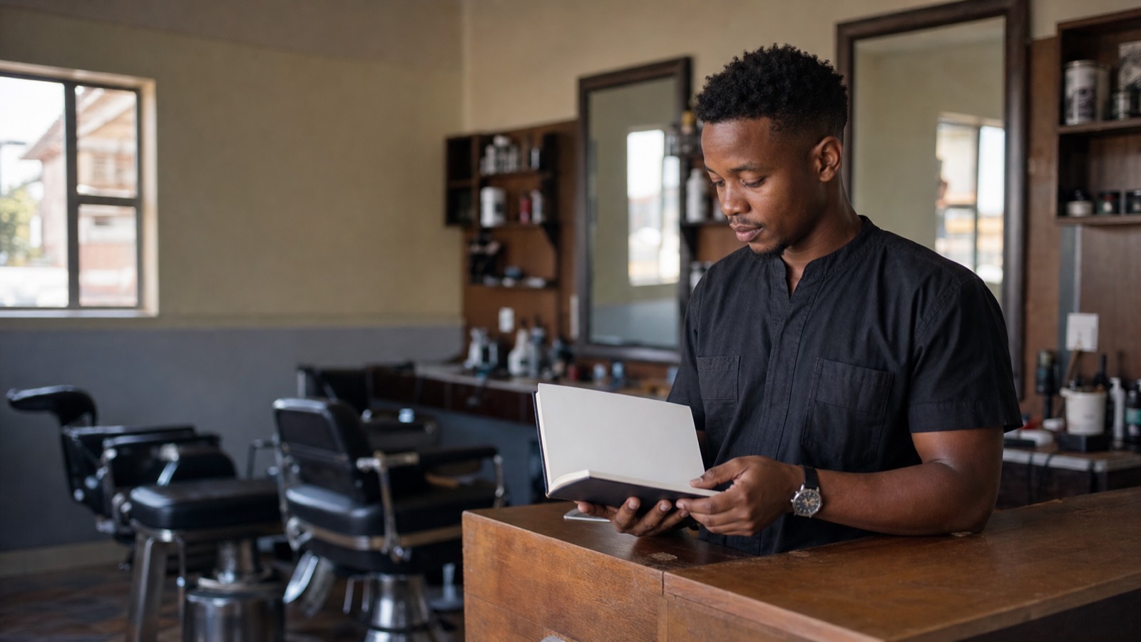 A young Black South African man stands at the counter of his barbershop surrounded by barber chairs and wall mirrors, holding a blank notebook.