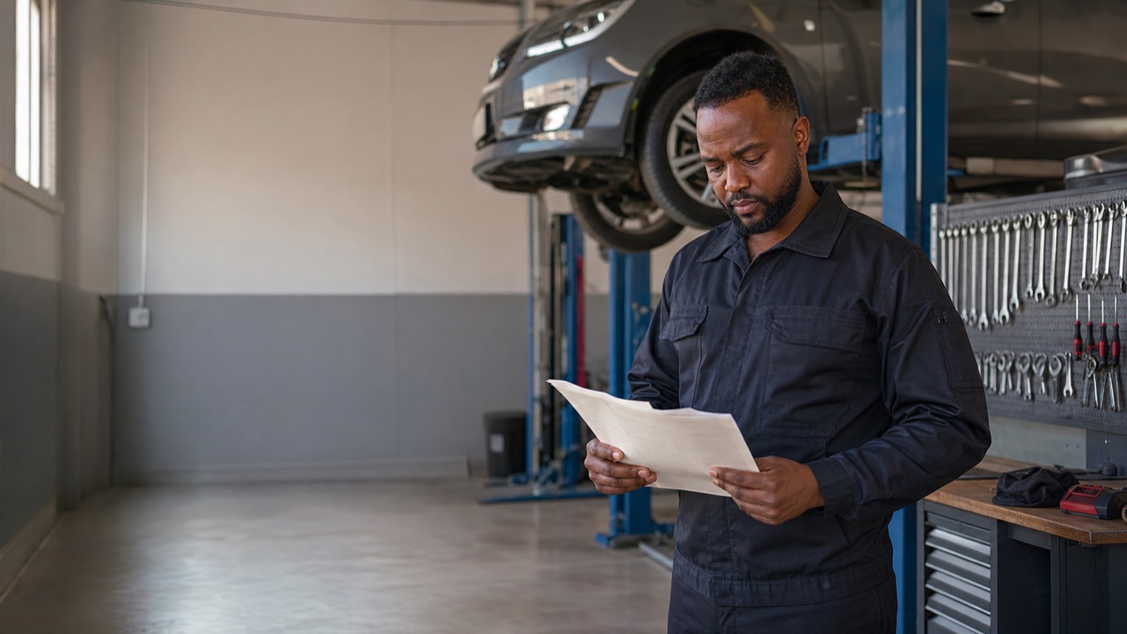 Black South African garage owner in his auto repair workshop holding registration documents beside a car on a hoist.