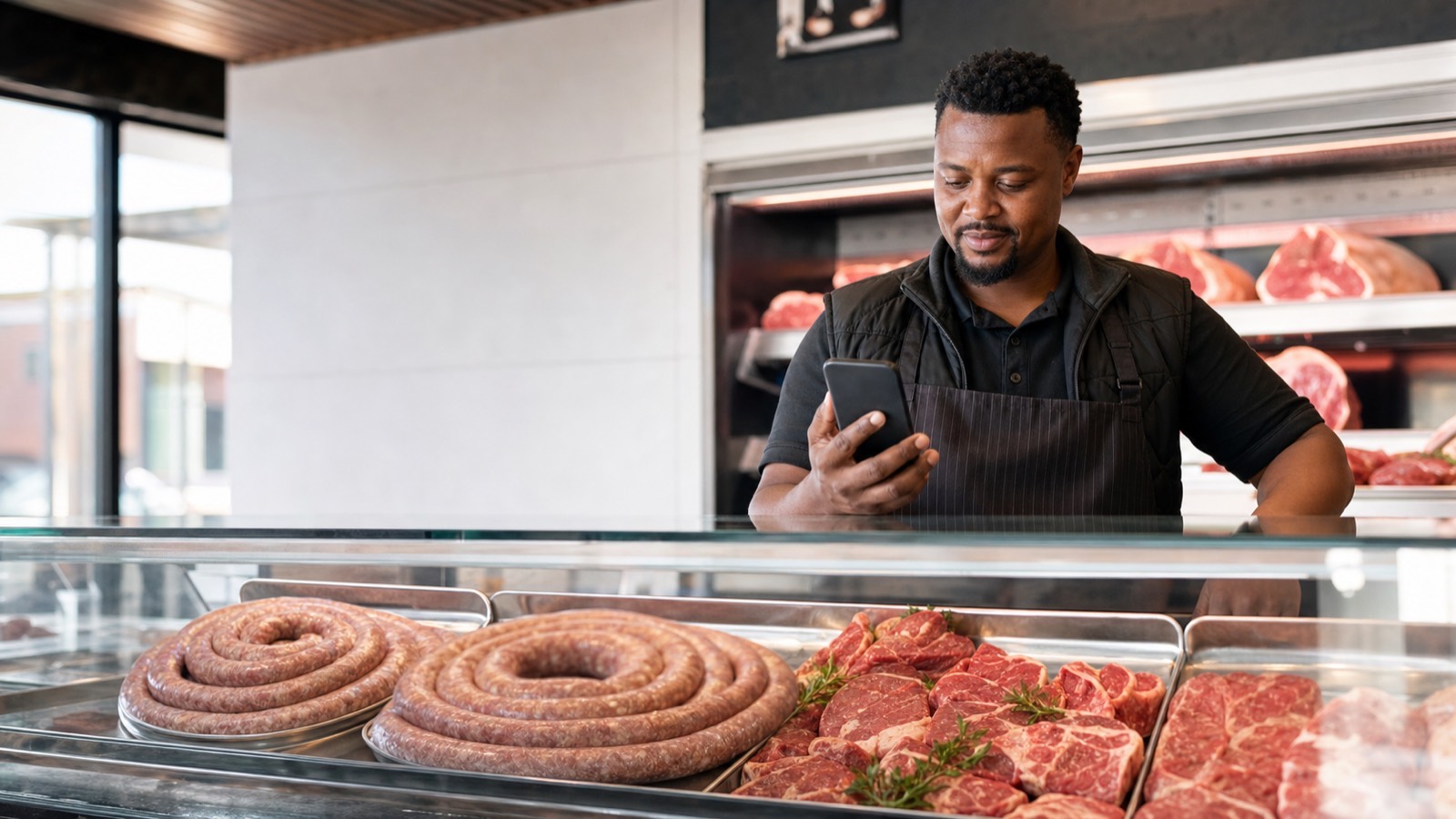 A Black South African man in his thirties standing behind a butchery display counter, phone in hand, meat trays visible behind him.