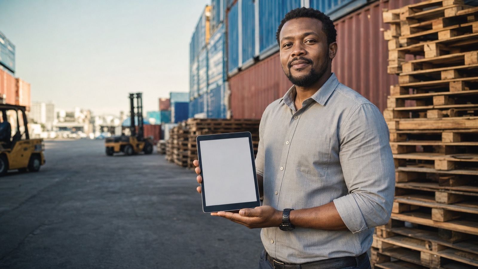 A consultant assessing warehouse operations among pallets and shipping containers at a logistics depot.