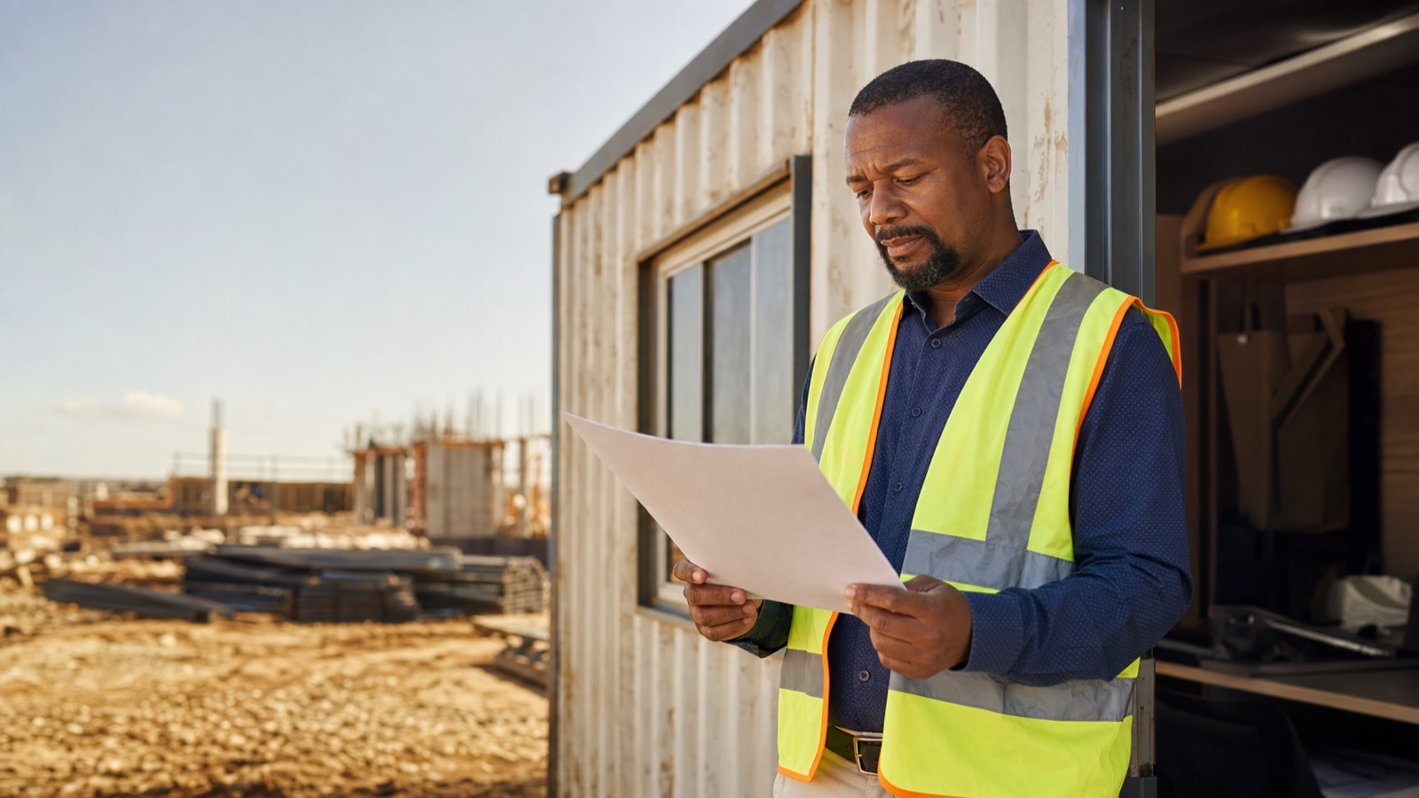 Black South African contractor in hi-vis vest holding tender documents at a portacabin site office with construction visible behind.