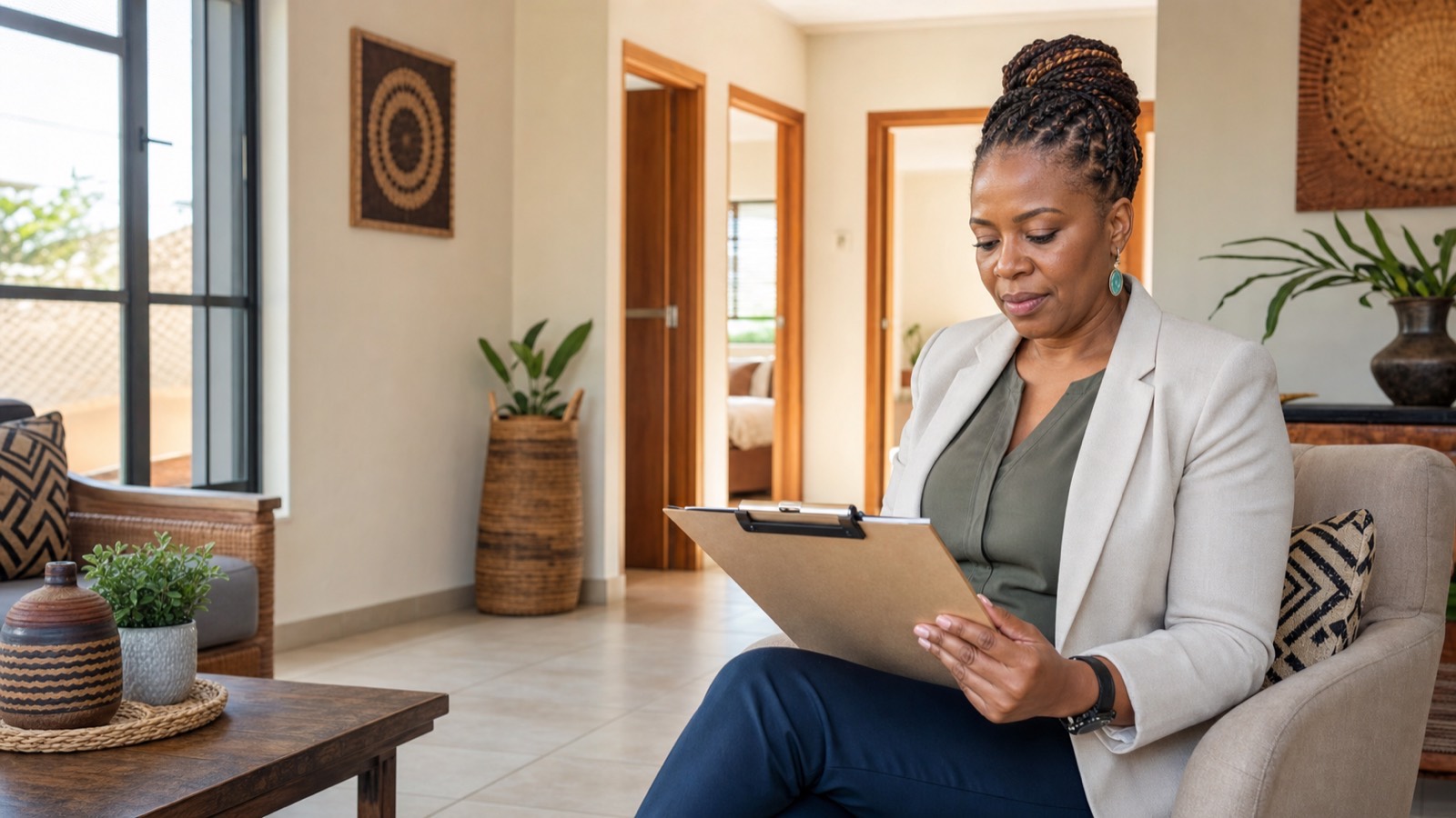 Black South African woman reviewing documents in a neatly furnished guesthouse lounge with visible guest room doors and decor.