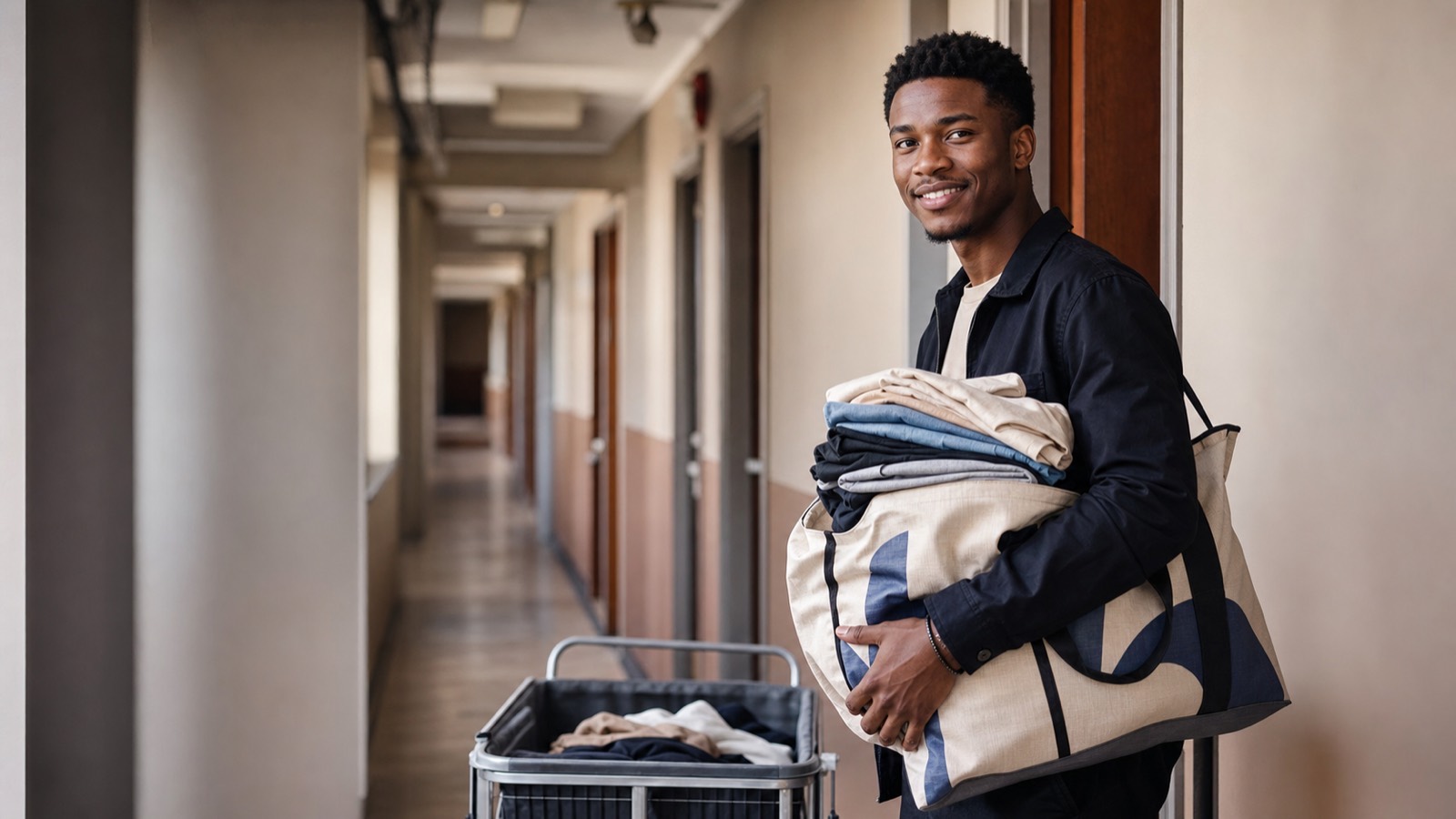Young Black student carrying folded laundry in a tote bag with a trolley in a university residence corridor.