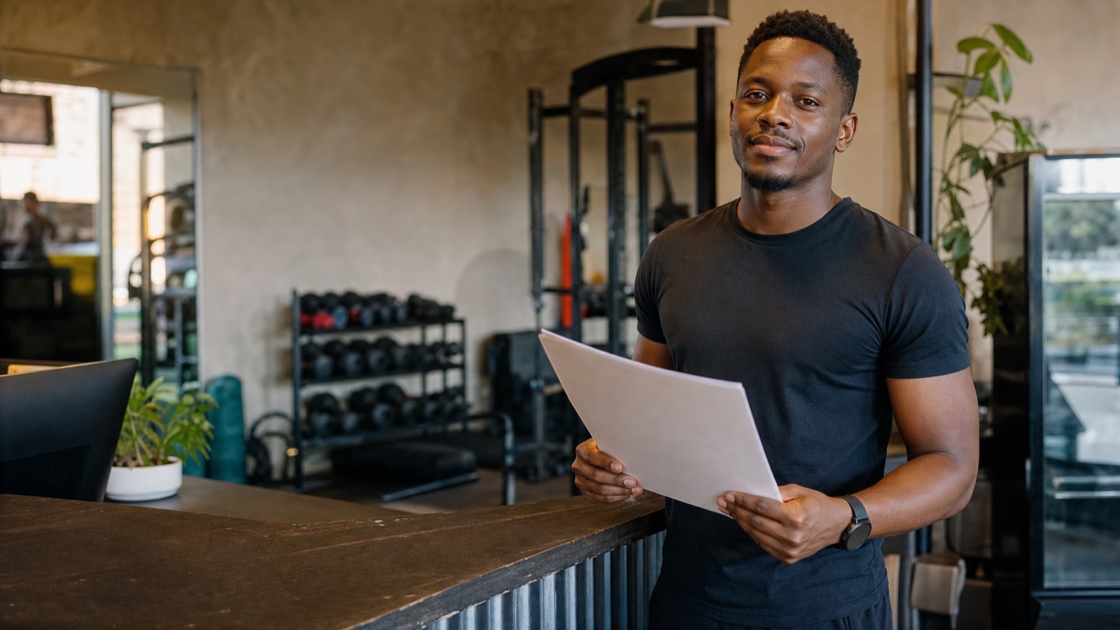 A man in his late twenties holding a business plan document at the reception desk of a fitness studio with gym equipment behind him.