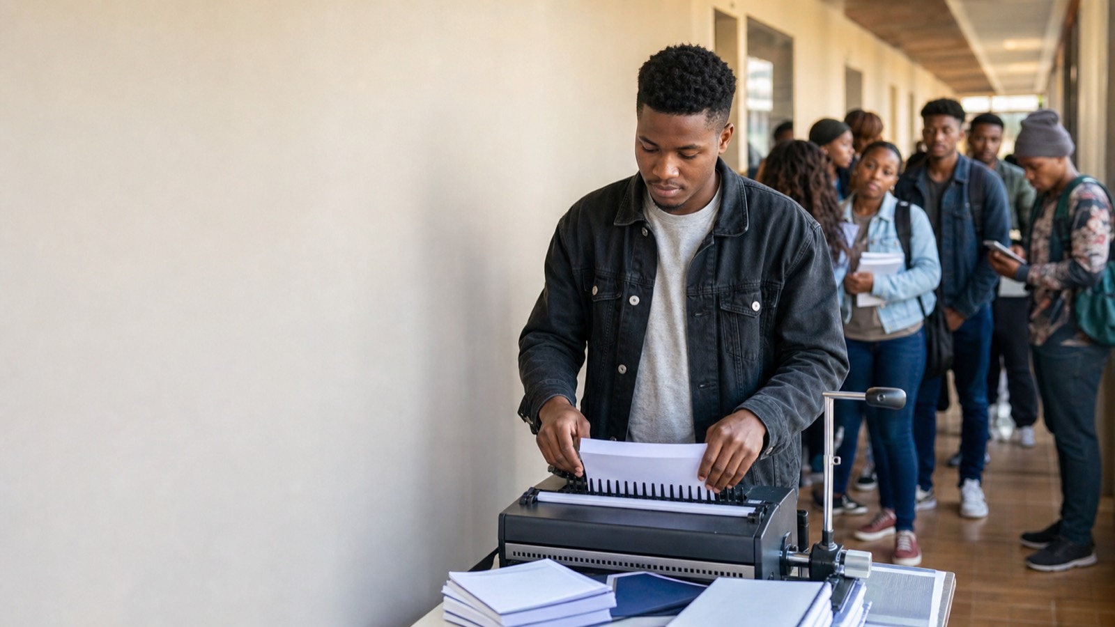 Young Black student operating a binding machine at a campus printing station with students waiting behind him.