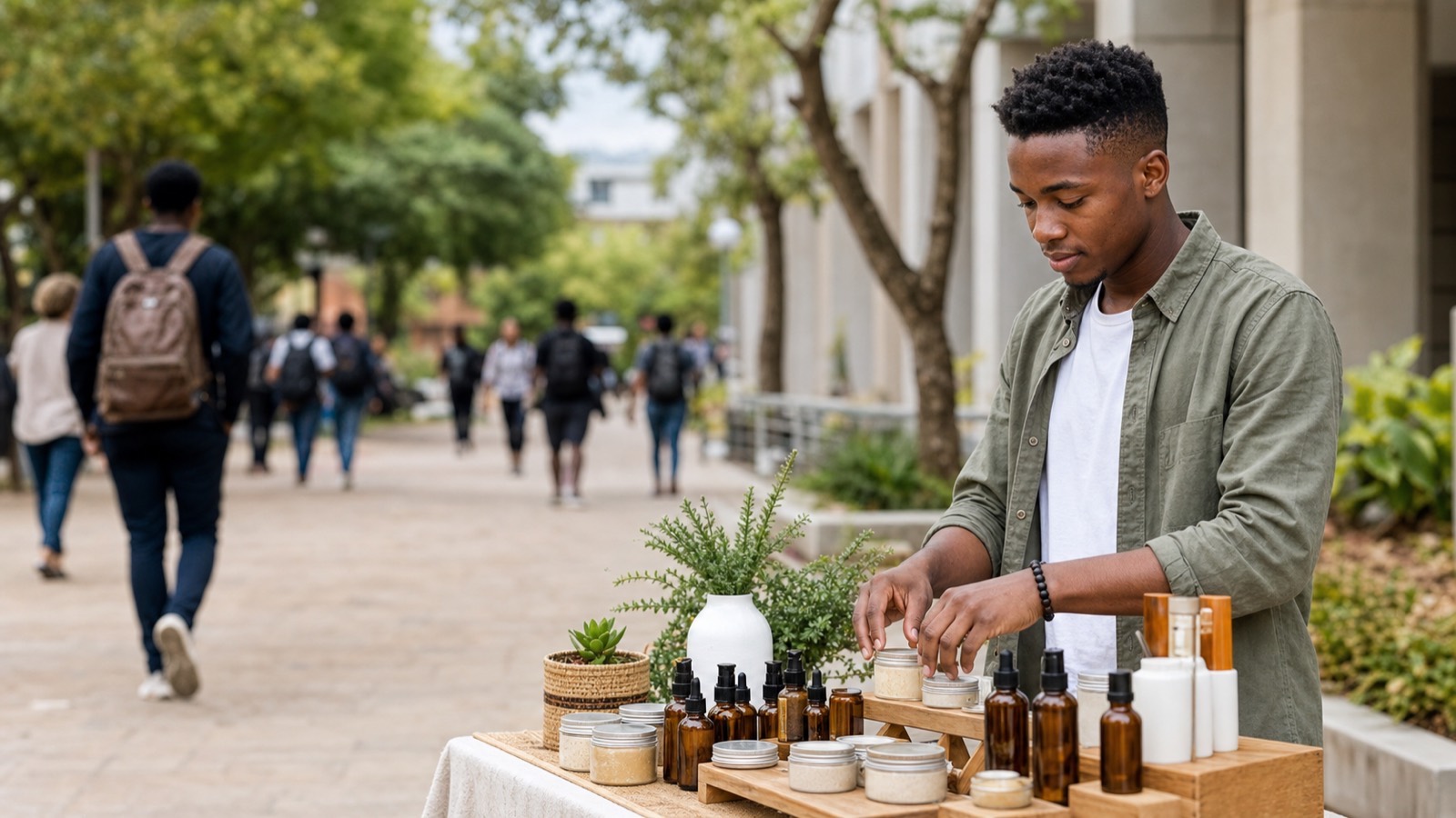 Young Black student entrepreneur arranging skincare products at a market stall on a university campus walkway.