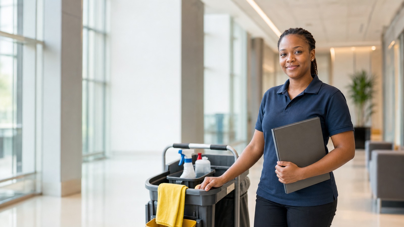 A cleaning service owner stands in a commercial office lobby beside her cleaning cart, holding a folder of documents.