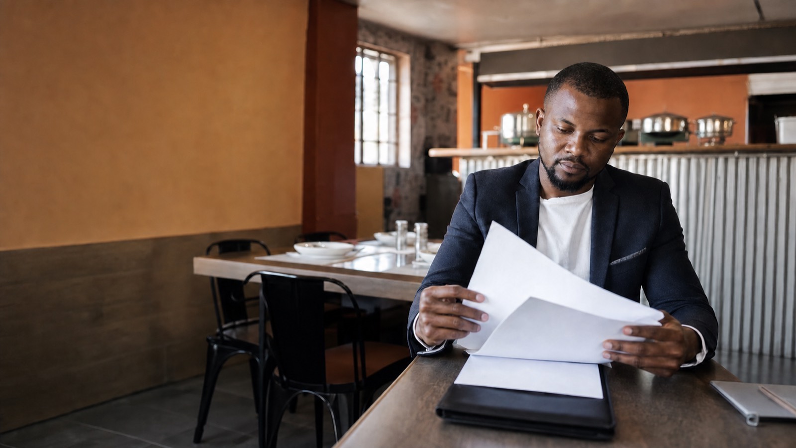 A man sits at a table in a restaurant flipping through printed pages, with set tables and a serving counter in the background.