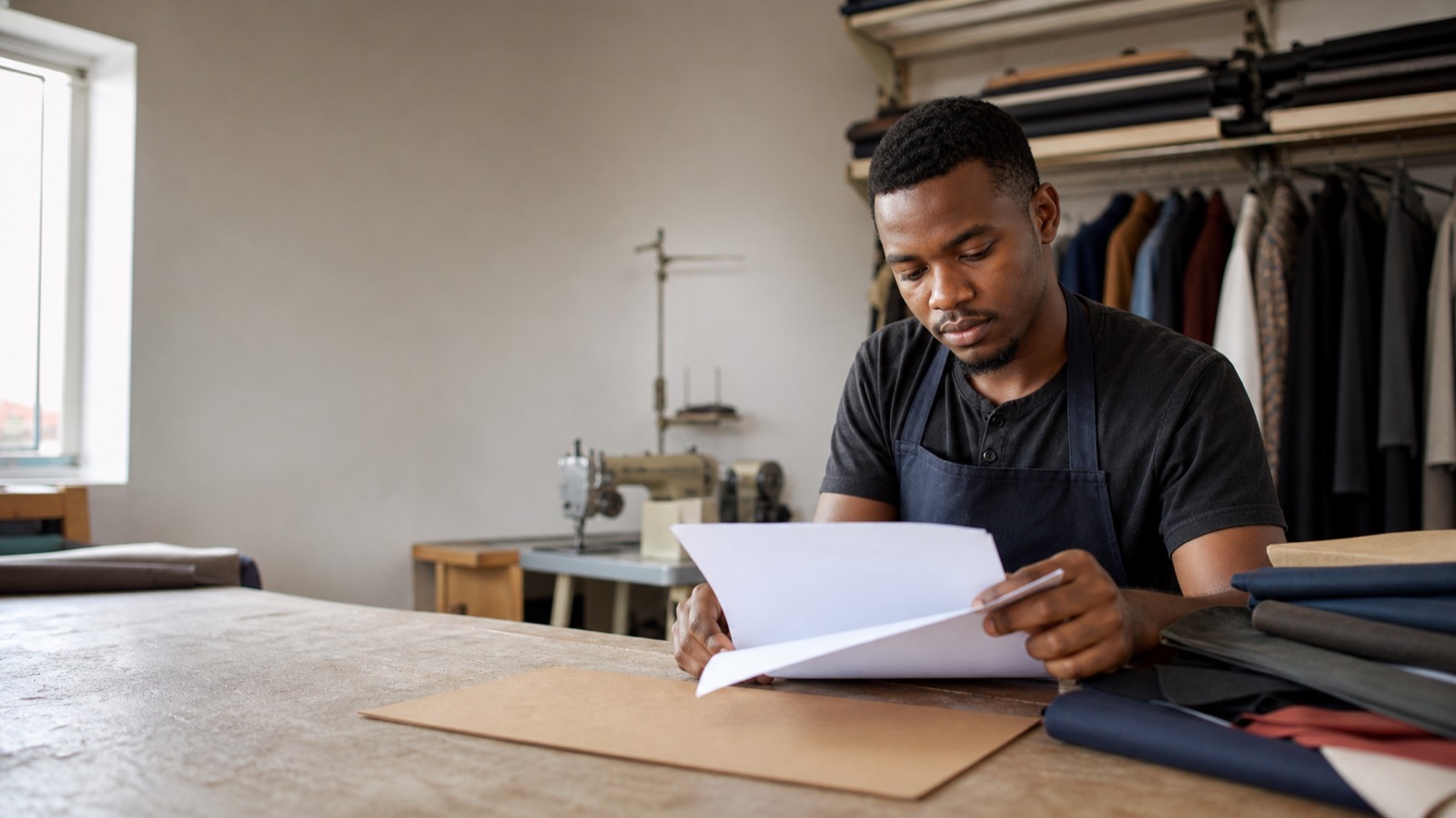 Young Black South African tailor at his cutting counter in a township tailoring shop reviewing funding application documents with sewing machines and fabric behind him.