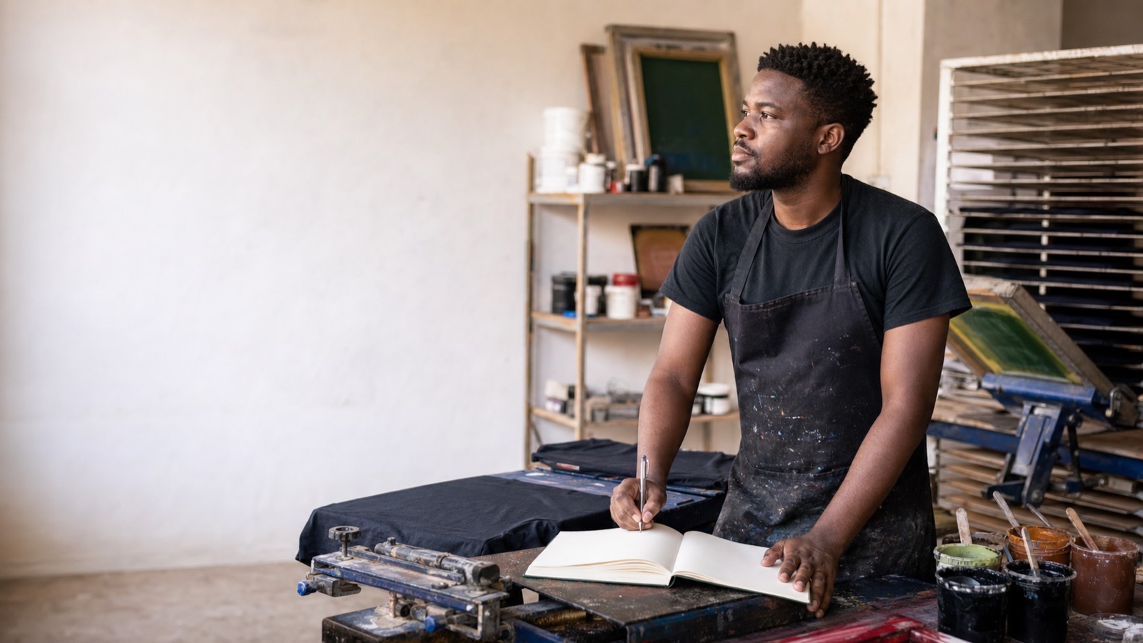 A man stands at a screen printing press in a workshop, a blank notebook open beside printed t-shirts and ink supplies.