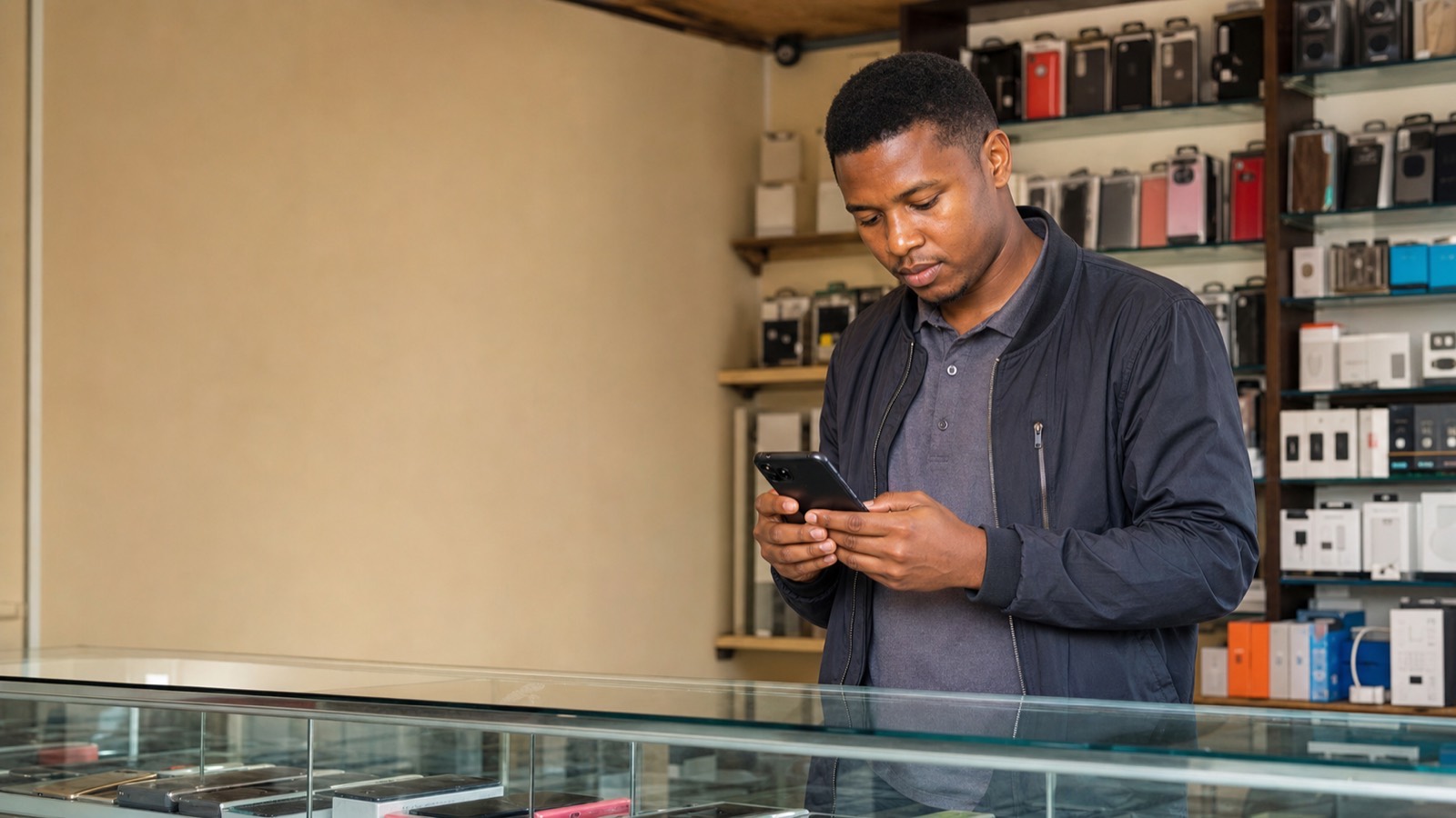 Young Black man testing a repaired smartphone behind the counter of a small cellphone repair shop with accessory shelves behind him.