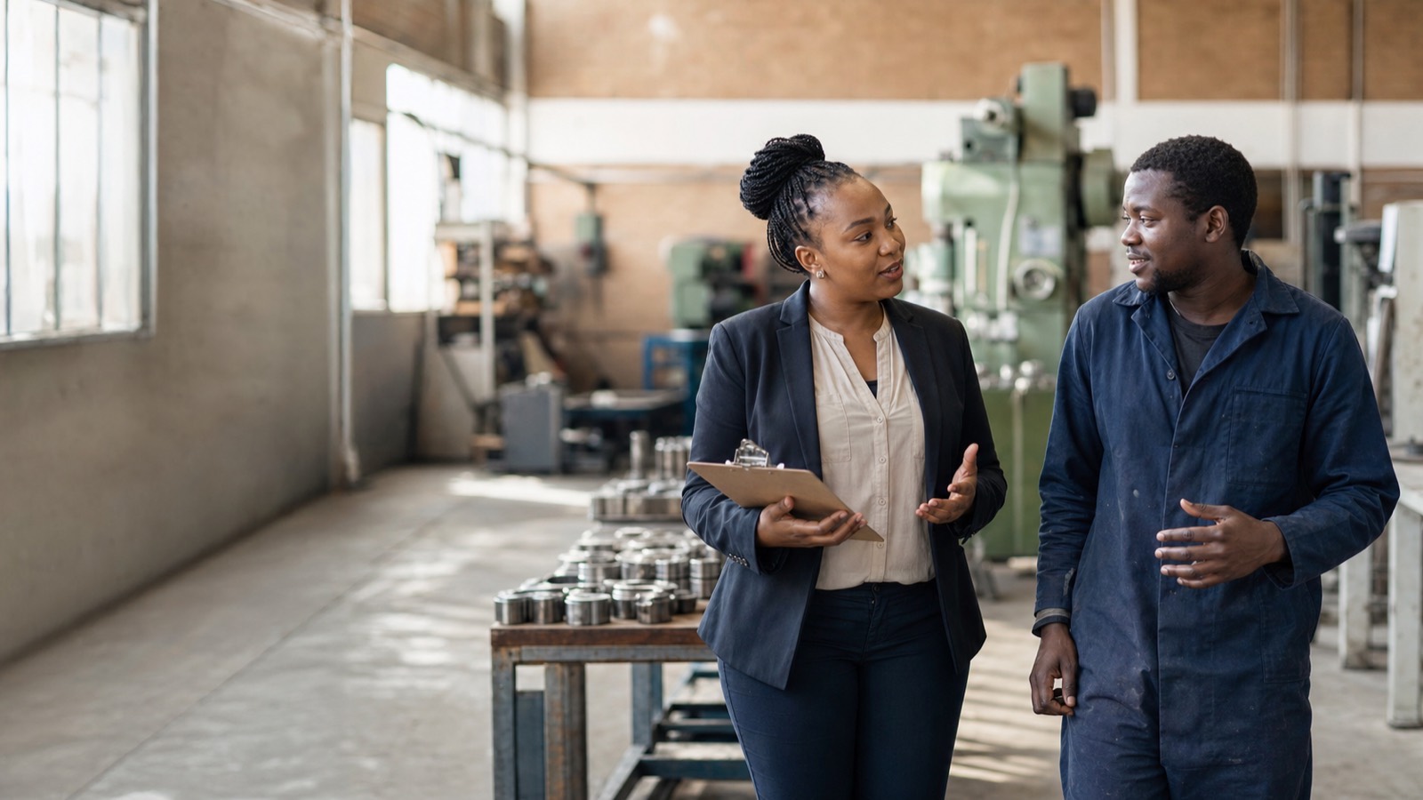 Black South African woman in a blazer walking through a factory floor holding a clipboard, observing machinery and a worker nearby.