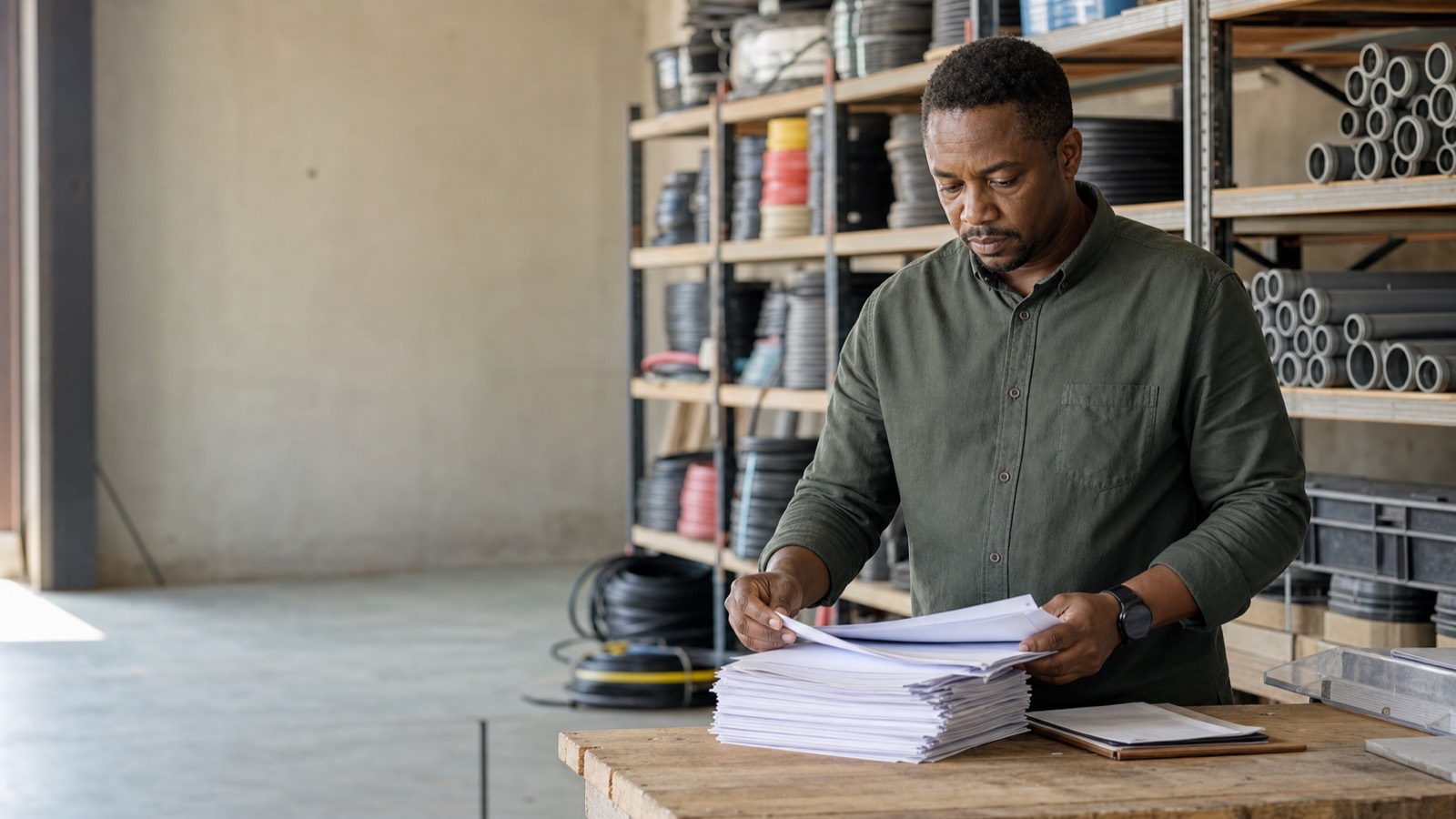 Black South African man standing at a workbench in an electrical workshop, reviewing tender documents with electrical supplies on shelves behind him.