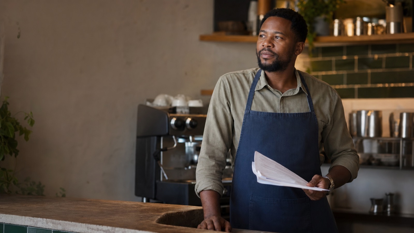 Black South African man in his thirties behind an espresso bar counter holding registration papers, espresso machine behind him.