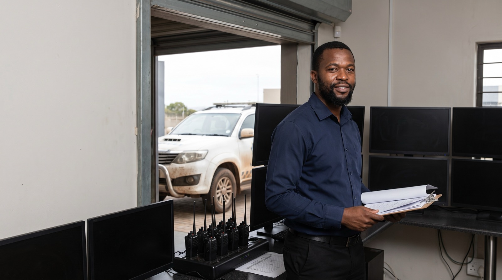 Security company owner in uniform holding documents inside his security operations room with radio equipment and monitoring screens.