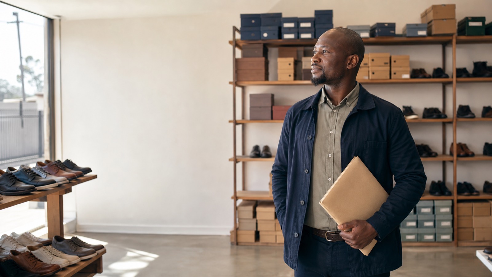 A Black South African man in his thirties standing inside a township shoe shop, shoe boxes on shelves behind him, holding a folder under his arm.