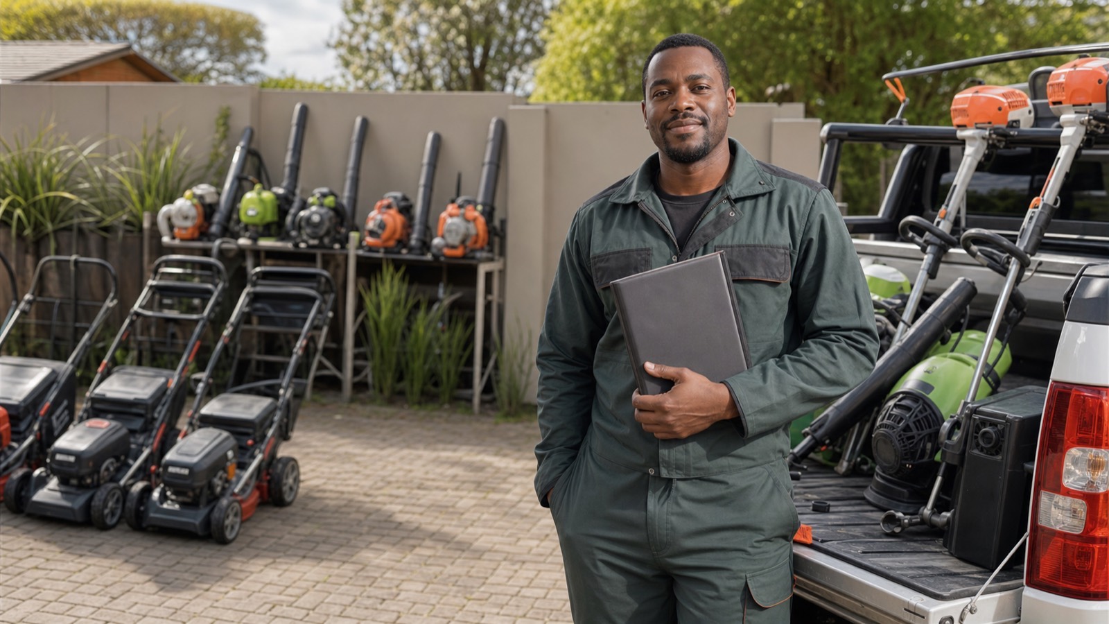 A Black South African man in overalls stands among gardening equipment in a yard holding a folder beside a pickup truck.