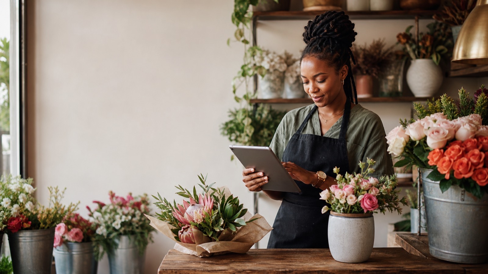 Black South African florist at her flower shop counter holding a tablet, surrounded by fresh flowers and bouquets.