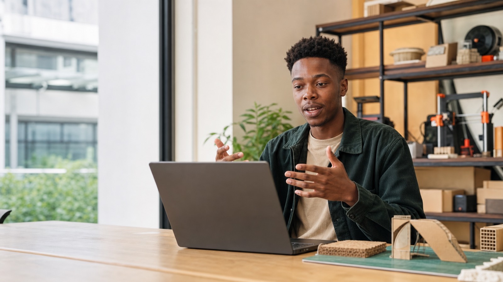 Young Black South African student working on a business plan at a campus incubator workspace with equipment shelving in the background.