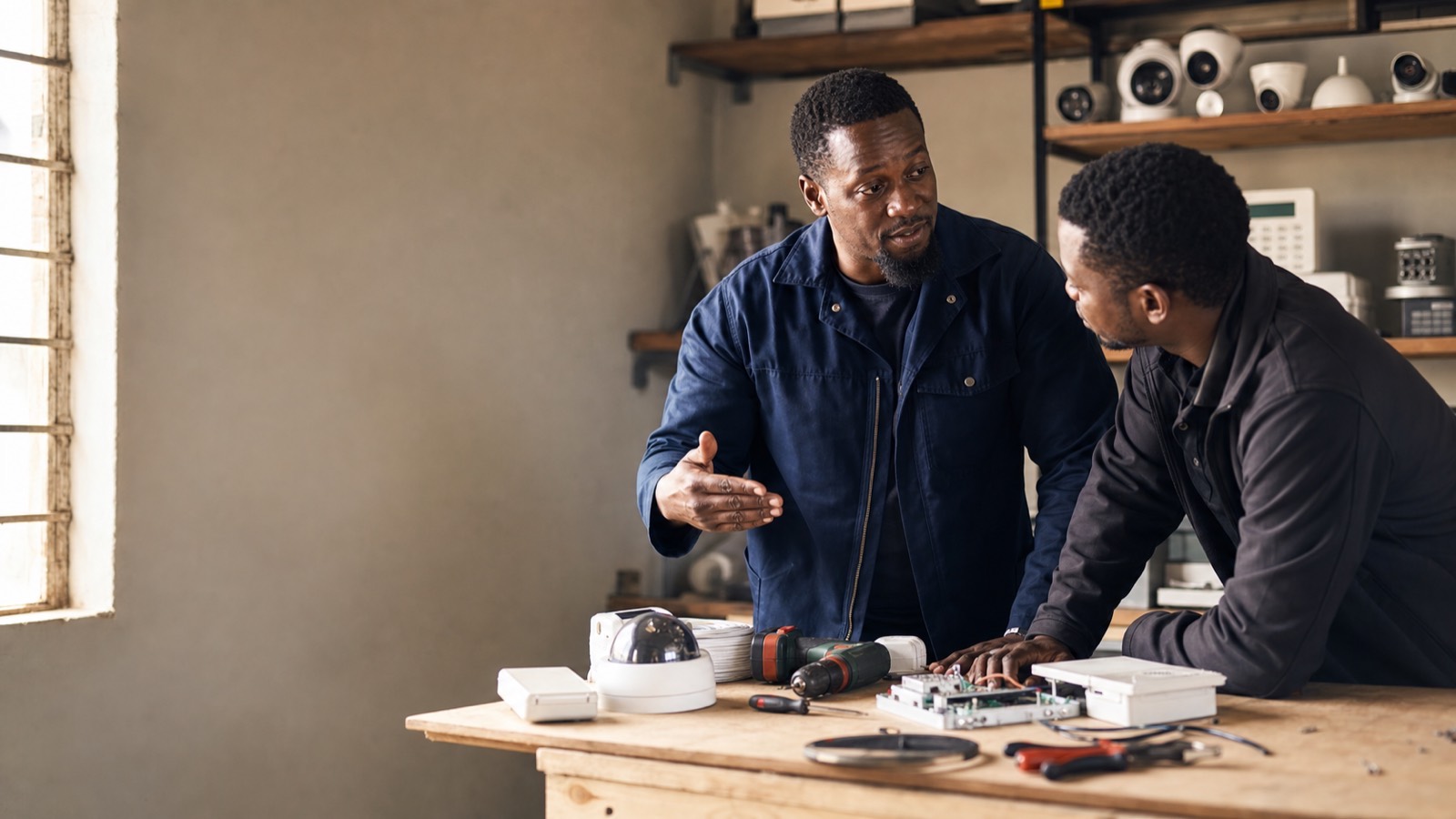 A Black South African security installation entrepreneur at his workshop gesturing while discussing a joint venture with a second entrepreneur.