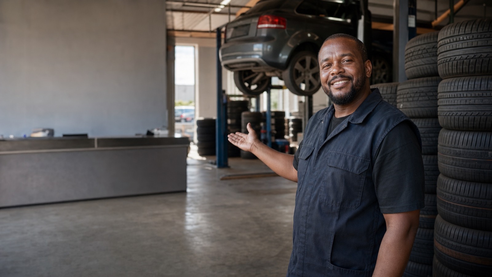 Black South African tyre shop owner standing among stacked tyres in his fitment workshop with a vehicle on a lift behind him.