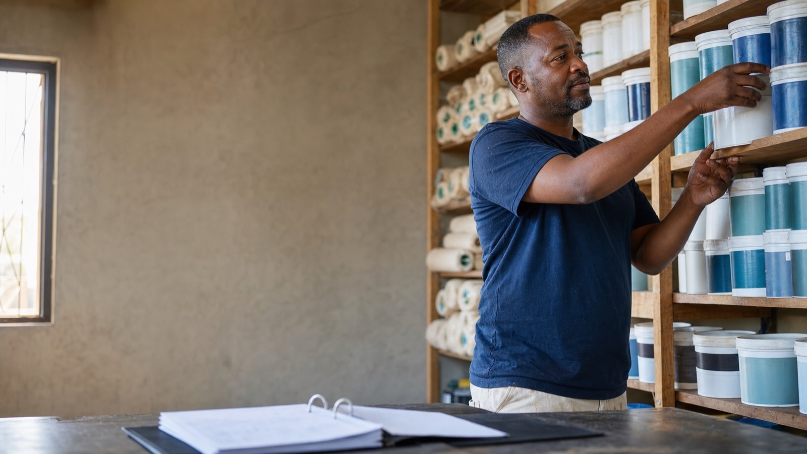 Black South African man counting paint cans on shelves inside a township paint shop.