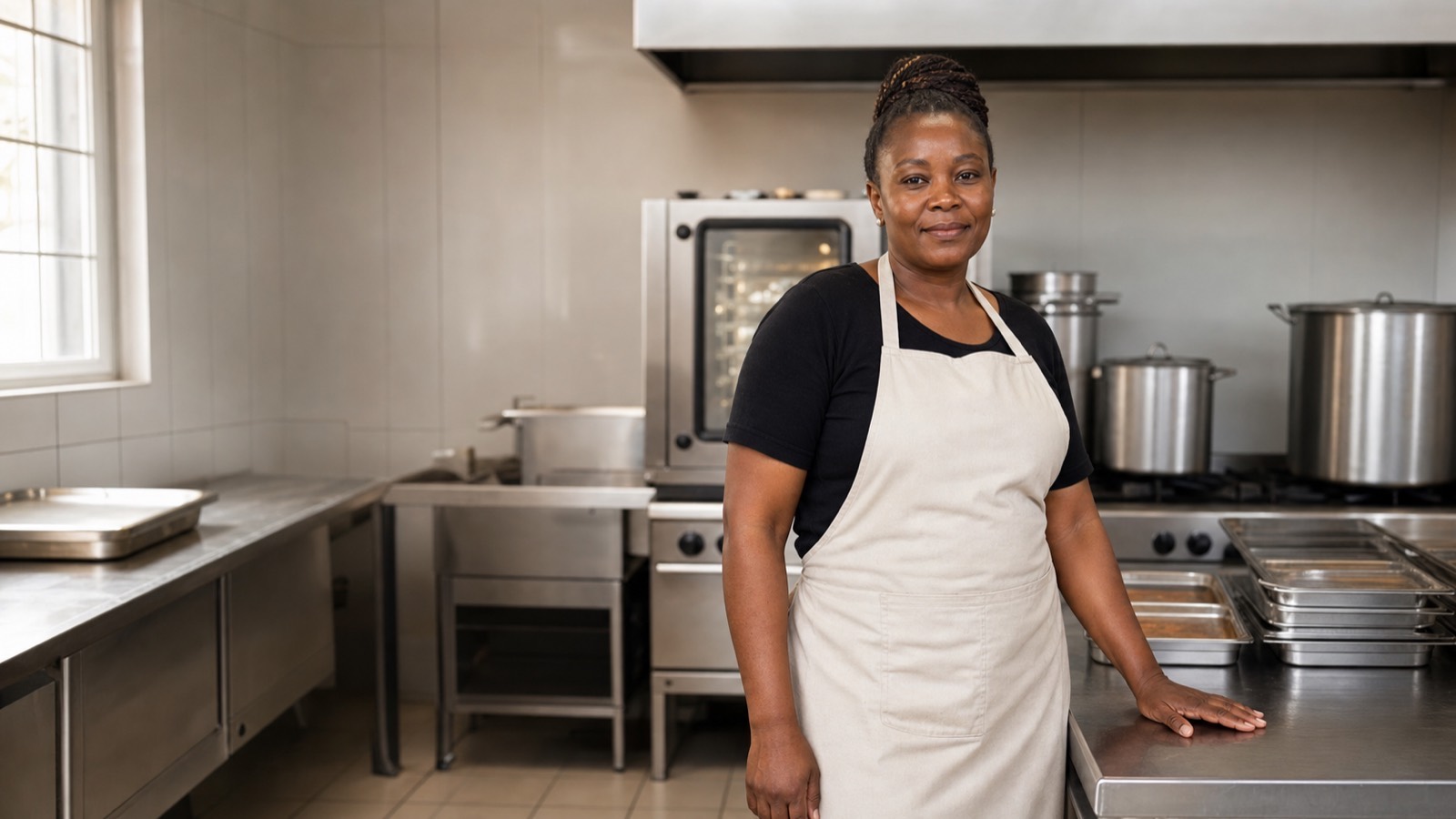 Black South African woman in apron standing in a commercial kitchen with stainless steel prep tables and industrial catering equipment.